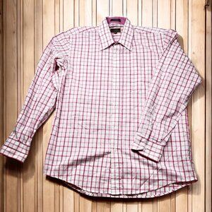 James Tattersall Mens Med 15.5-16 Pink & White Plaid Long Sleeve Button-Up Shirt